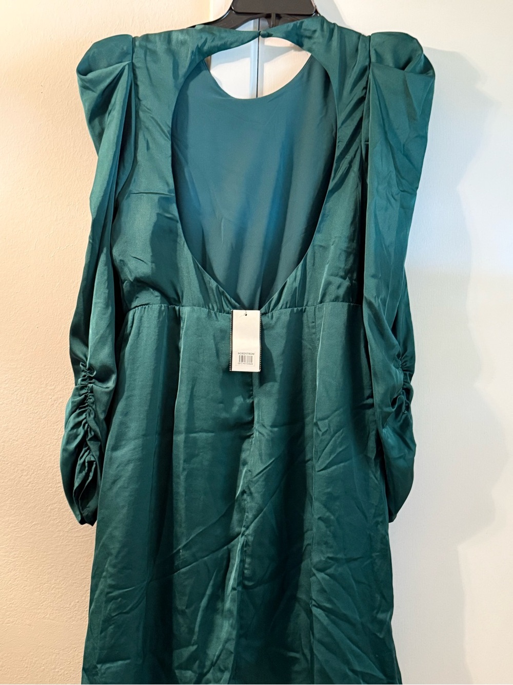 Nordstrom Teal Satin Puff-Sleeve Open-Back Top